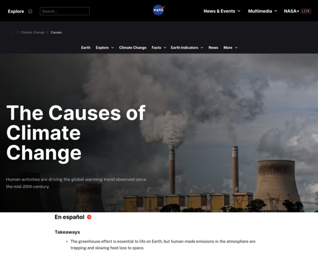 Screenshot of the NASA: Causes of Climate Change website