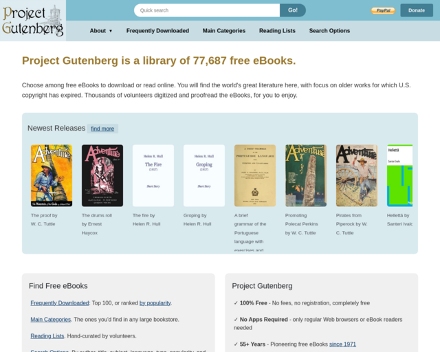Screenshot of the Project Gutenberg website