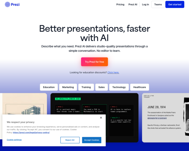 Screenshot of the Basic Prezi Account (Free) website