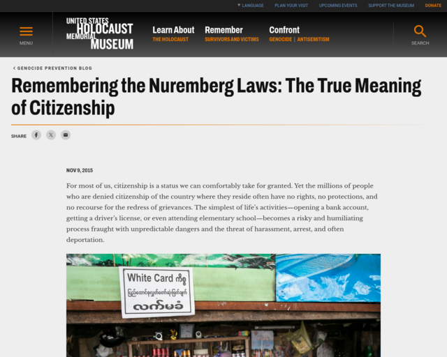 Screenshot of the Remembering the Nuremberg Laws: The True Meaning of Citizenship - United States Holocaust Memorial Museum website
