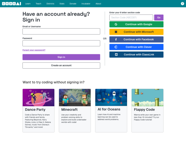 Screenshot of the Code.org website