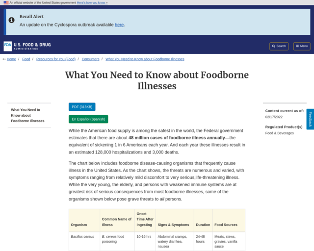 Screenshot of the Food and Drug Administration website