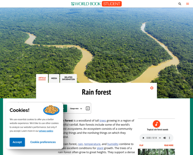 Screenshot of the Rain Forest @ World Book website