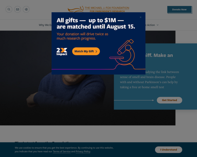 Screenshot of the Michael J. Fox Foundation - Parkinson's Research website