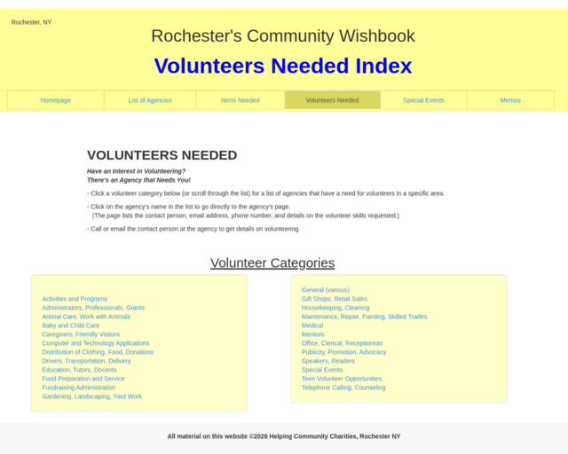 Screenshot of the Volunteers Needed Index (Rochester NY) website