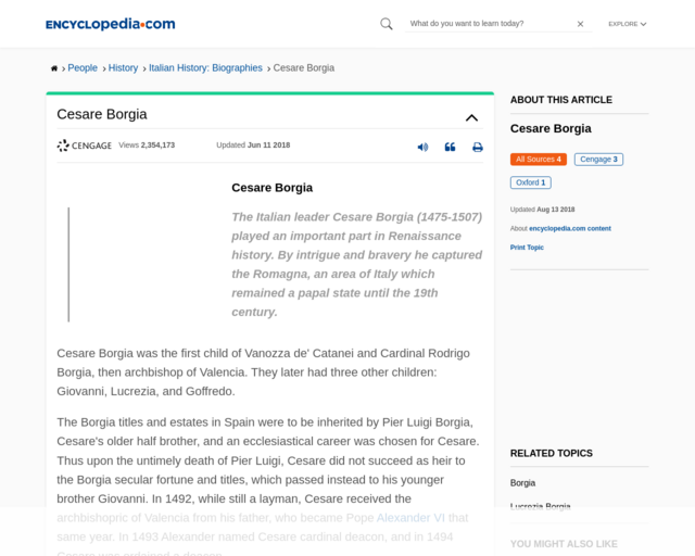Screenshot of the Cesare Borgia website